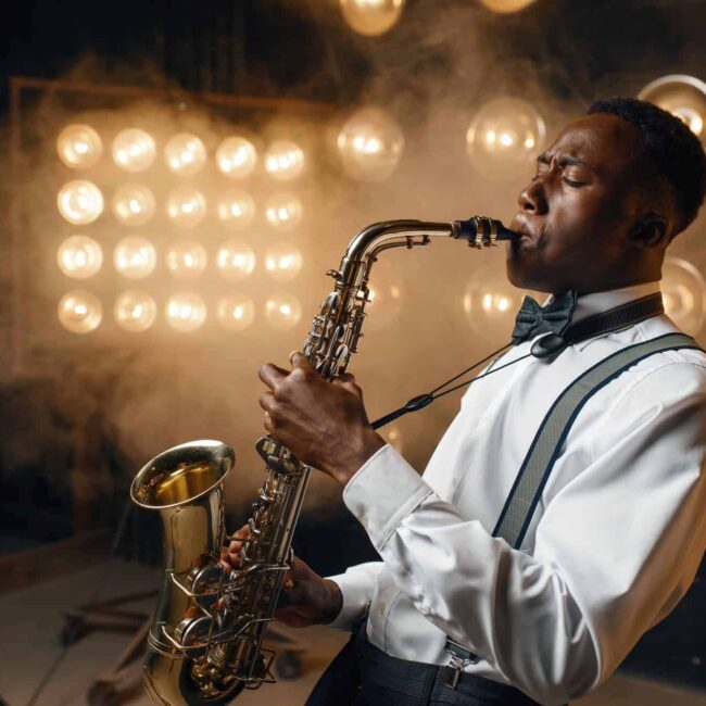 About Us 7 black jazz performer plays the saxophone on stage